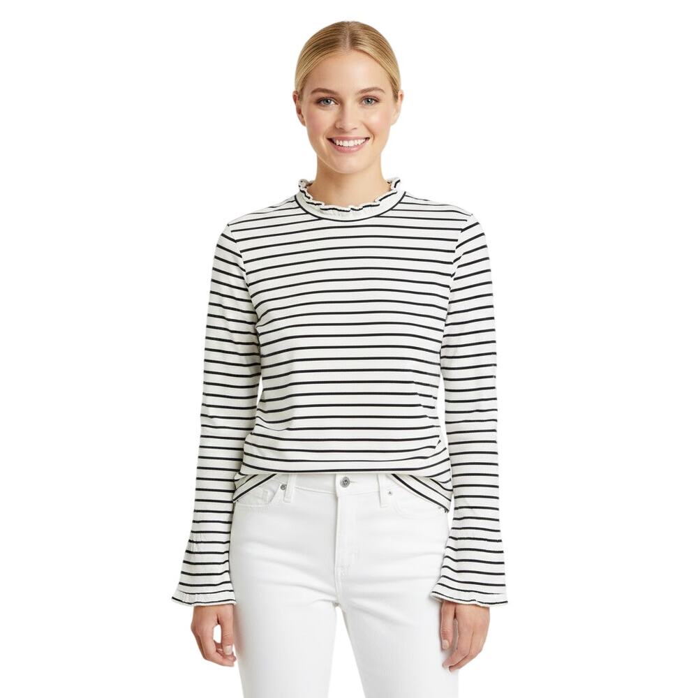 Kaileigh Striped Ruffle Neck Long Sleeve Top White Black Women XS NWOT